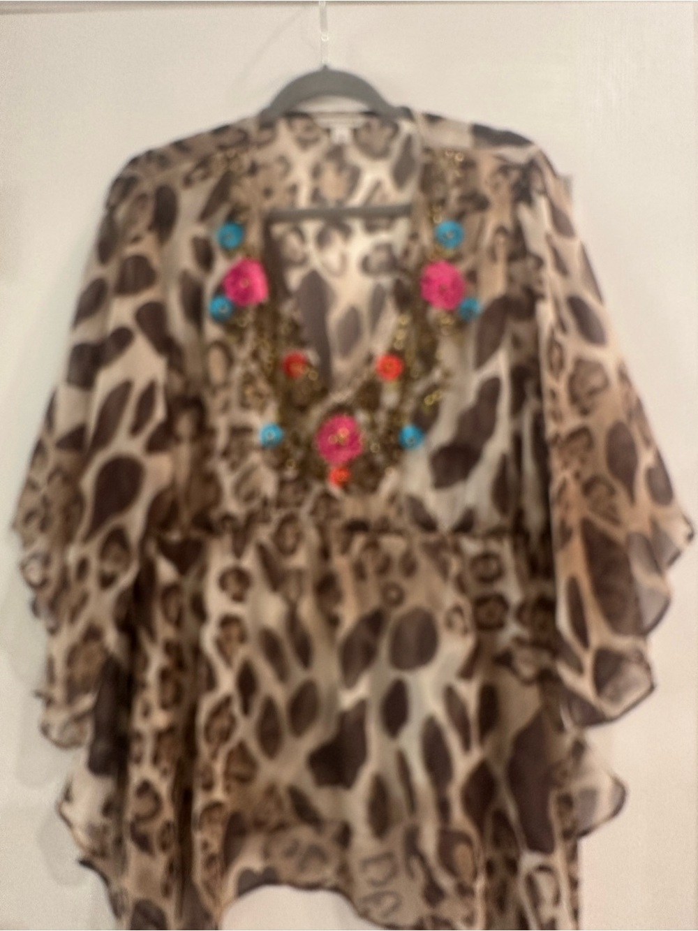 Boston Proper Brown Leopard Sheer coverup  Pink and Turquoise Floral Accents